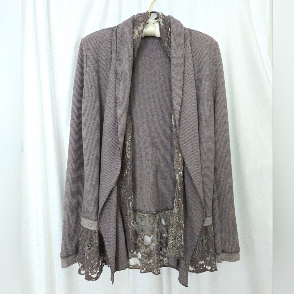 ( dylan ) Waffle Knit Open Cardigan with Lace Details
